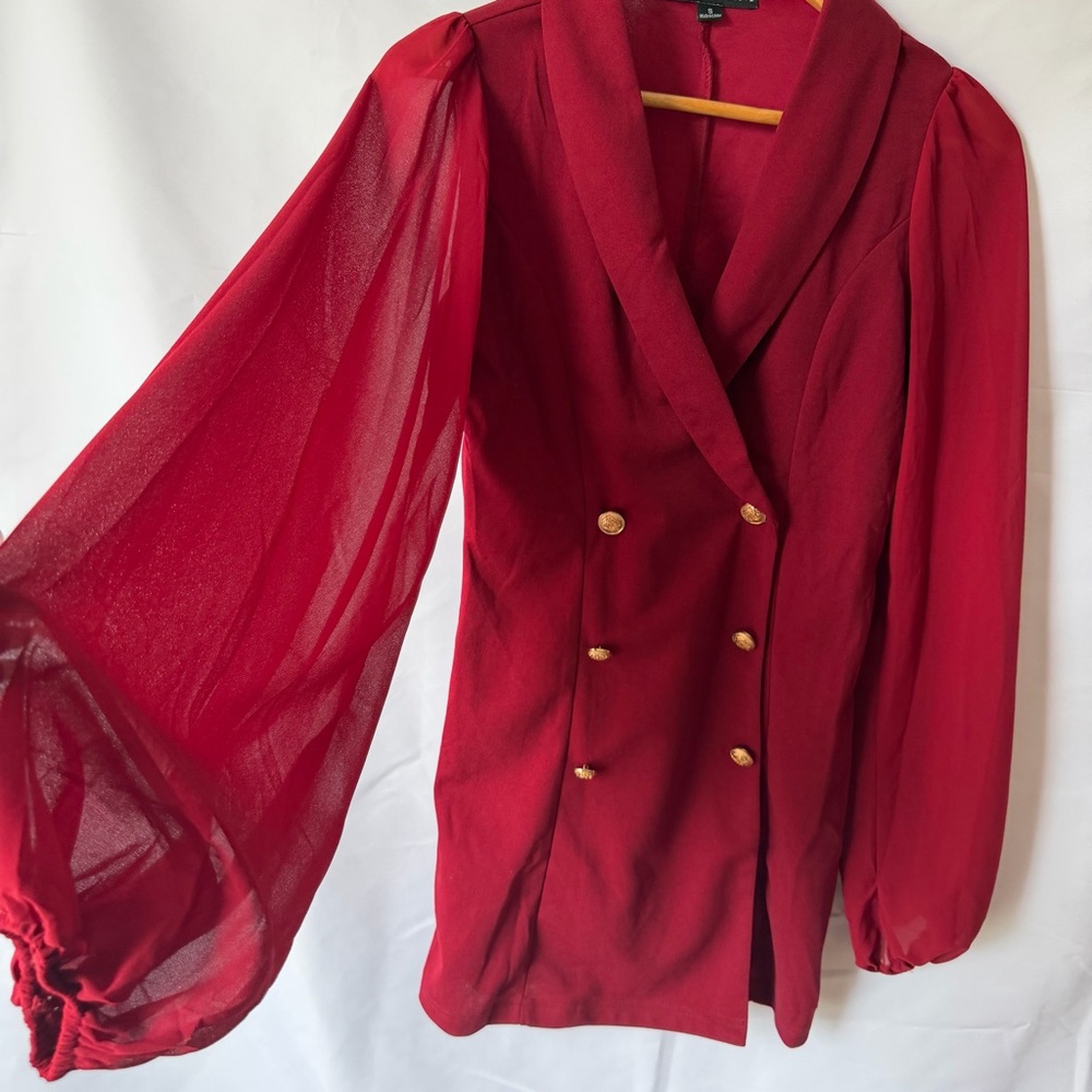 HYFVE Red Double-Breasted Mini Dress with Sheer Balloon Sleeves